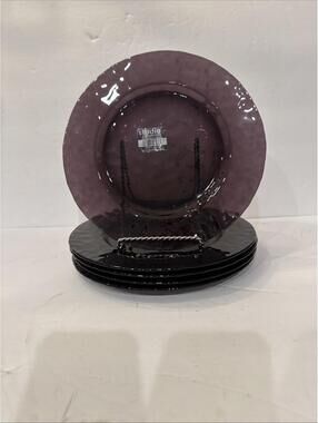 5 NEW Studio Bormioli Rocco Glass Amethyst Purple Hammered Dinner Plates 9.75”